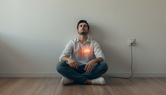 Man meditating charging battery symbol glowing on chest low energy.