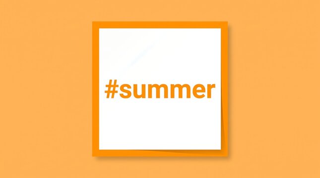 Summer hashtag on white square frame, vibrant orange background, minimalist seasonal social media graphic for marketing