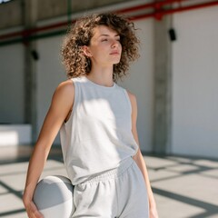 Obraz premium Curly haired woman in neutral athleisure holding a volleyball in a sunlit court for sports portrait and fitness campaign