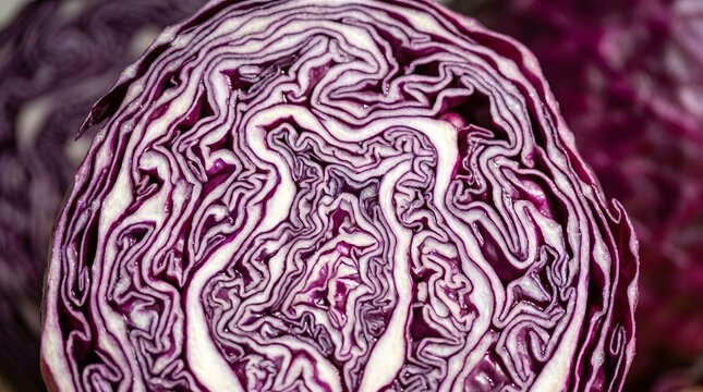 Fresh red cabbage sliced in half showing intricate organic purple veins and crisp white layers in a macro photography style