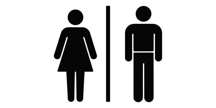 A black and white restroom sign featuring a female figure in a dress and a male figure standing side by side, separated by a vertical line