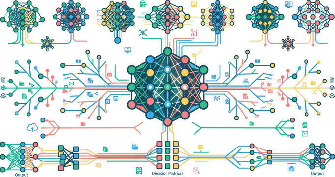 Colorful neural network architecture diagram illustrating artificial intelligence algorithms and big data processing