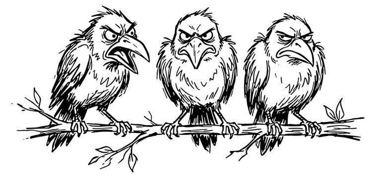 A group of angry cartoon crows sitting on a branch, isolated. 