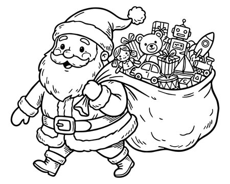 Cartoon illustration outline in black of Santa Claus with a bag of toys, isolated 