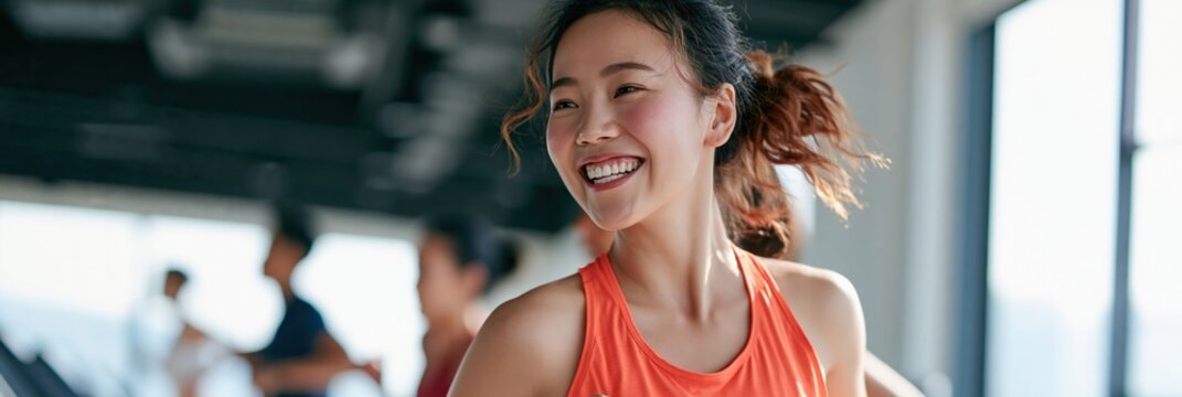 Cheerful woman jogging on a treadmill in a bright gym interior for fitness background and wellness banner design