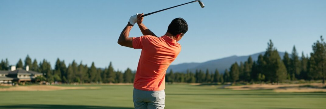 Male golfer practicing backswing on mountain golf course under clear sky for sports banner background and outdoor lifestyle design