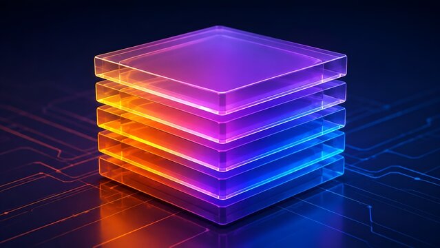 Layered translucent glass microchip architecture on digital circuit board illustrating quantum computing and artificial intelligence processing