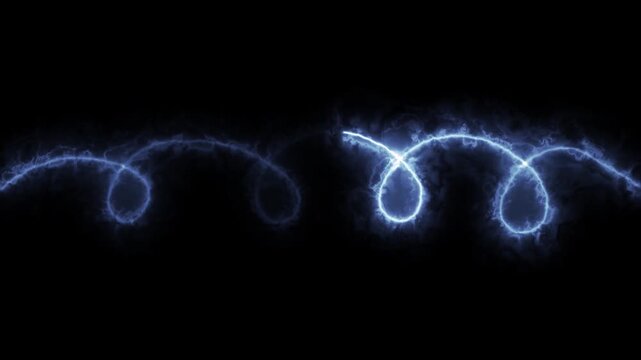 Electric spiral animation showcasing a bright, glowing blue energy lightning trail moving smoothly across a dark background. 4K animation.