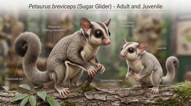 Sugar Glider Petaurus breviceps adult and juvenile, educational diagram of marsupial anatomy, exotic wildlife on mossy branch