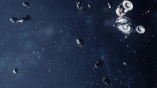 A spaceship is located in deep space close to several asteroids. The vast background shows twinkling stars. The scene captures the emptiness and vastness of the universe.