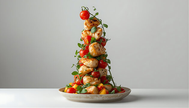Tall artistic tower of grilled chicken cherry tomatoes and fresh green herbs.