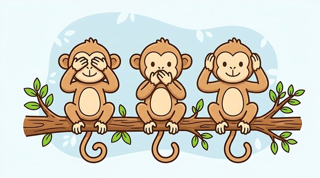 Three cartoon monkeys sitting on tree branch holding green leaves in playful pose