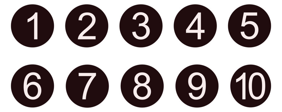 numbered circle icon set vector, white numbers one to ten inside dark filled circular symbols, sequence labels and navigation markers for lists steps ranking education and infographic design