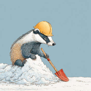 Badger wearing hard hat digs in snow during winter season in cartoon style with shovel