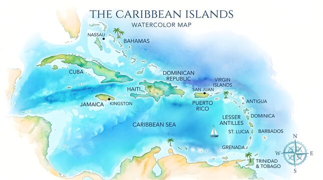 Detailed watercolor map of Caribbean islands featuring blue ocean textures, lush green landmasses, compass rose, and charming sailboat hand drawn illustrations