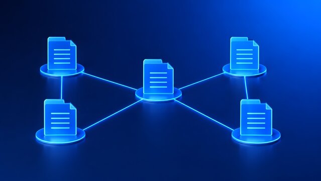 Interconnected digital document icons representing secure file sharing networks and distributed data exchange