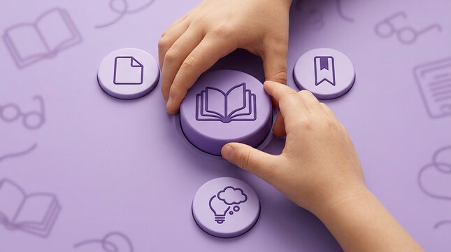Child's hands touching a purple 3D book icon button on a matching background with educational symbols for learning, knowledge, and creative thinking.