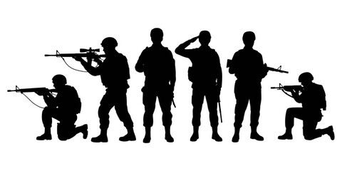 Obraz premium Black silhouettes of a group of soldiers in various combat stances, holding rifles and isolated on a white background, military personnel collection
