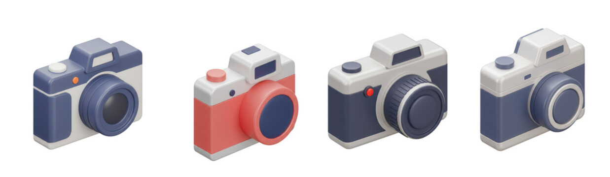 Set of four 3d isometric camera icons in different styles isolated on transparent background