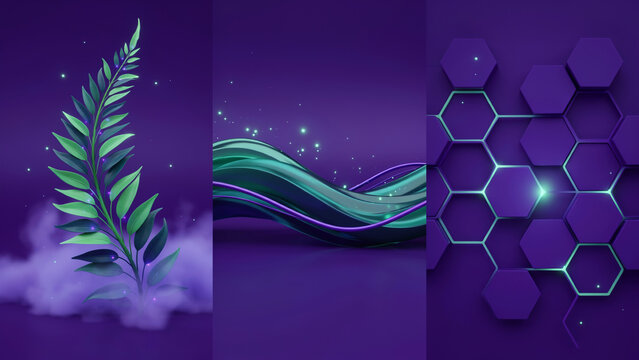 Purple fern leaf, abstract neon wave, and hexagonal grid pattern on dark purple background