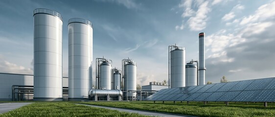 Fototapeta premium An advanced green technology plant featuring massive white storage tanks and rows of modern solar panel arrays, under a bright blue sky surrounded by grass fields..