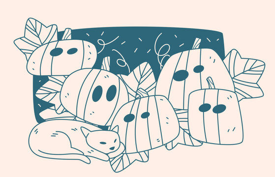 Halloween pumpkins group with sleeping cat and autumn leaves vector illustration in line art doodle style