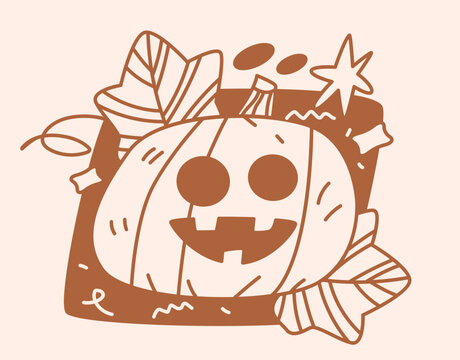 Doodle brown line vector icon of cute Halloween pumpkin