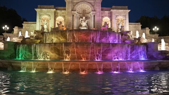 Illuminated fountain at night with color changing LED lights and cascading water.