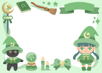 Fototapeta premium Cute Green Witch Halloween Illustration Frame with Broomstick, Crystal Ball, Magic Book and Blank Copy Space 