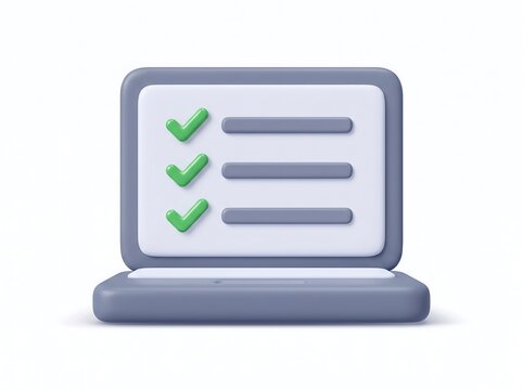 3D laptop computer displaying a green checkmark checklist and task list with checklist icon