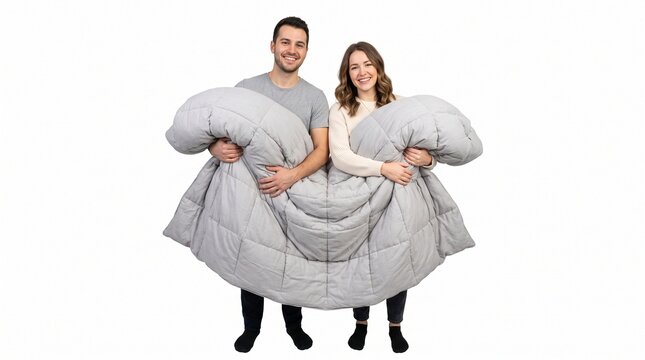 Happy Couple Holding Large Gray Weighted Blanket Together Against White Background