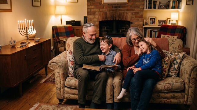 Happy Jewish family celebrating Hanukkah with menorah and dreidel in cozy living room