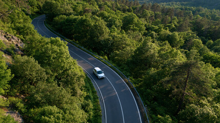 Obraz premium Scenic Drive Through Verdant Forest: A solitary car navigates a winding asphalt road carving through a dense, lush green forest, showcasing the beauty of a natural landscape and the freedom of travel.
