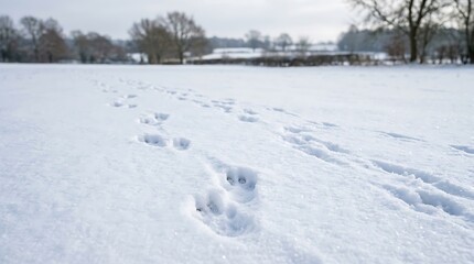Naklejka premium Animal tracks visible in fresh snow across a winter field