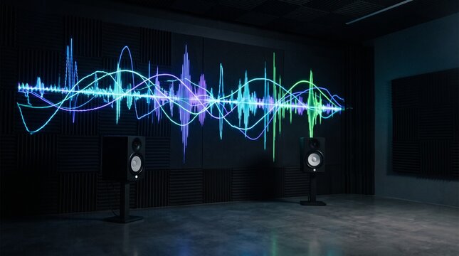 Sound waves visualized in a dark studio with speakers and acoustic foam panels