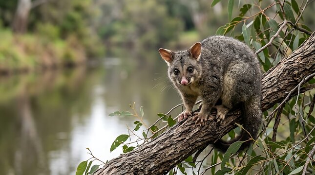 Australian possum perched on tree branch beside calm river