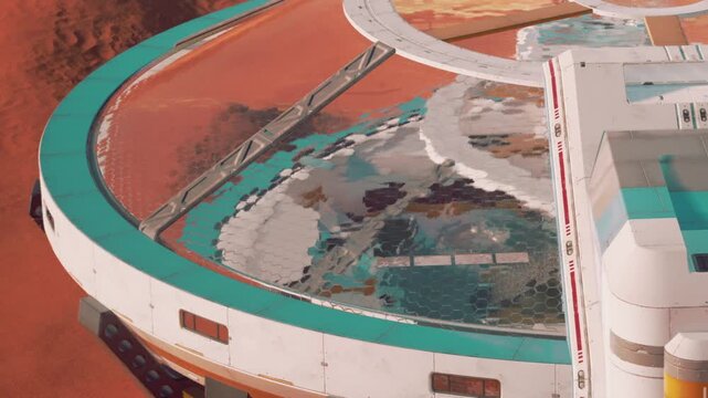 A round structure is seen on the surface of Mars. The design features reflective surfaces and hexagonal shapes. Surrounding dust and rocks complete the scene of potential human habitation.