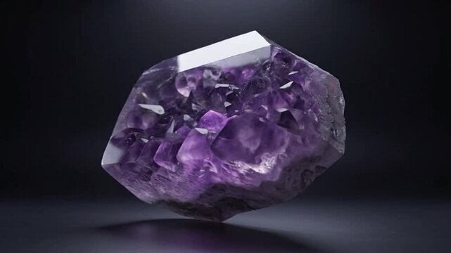 Rotating amethyst crystal cluster glowing against a dark background