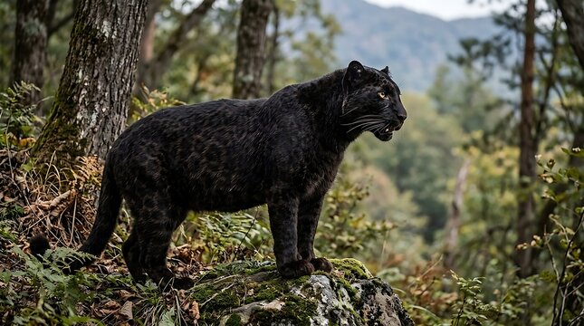 Black panther stands alert on mossy rock in lush forest setting