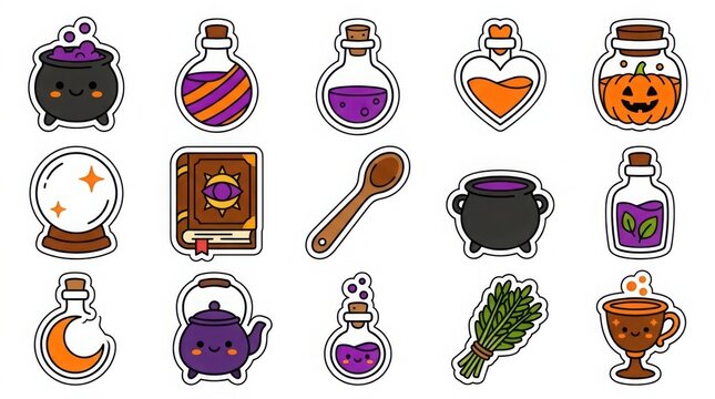 Cute Halloween magic potion sticker set with cauldron icons