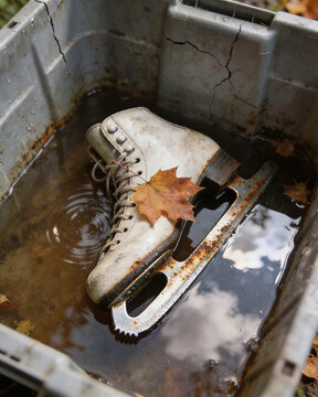 Forgotten white figure ice skate with a rusty blade lying in a plastic tub of dirty water with an autumn leaf. Ice skates blade rust concept.