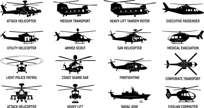 Military and Civilian Helicopter Silhouette Set Featuring Attack, Transport, Medical Evacuation, Search and Rescue, Police Patrol, Firefighting, and Naval ASW Aviation Icons.