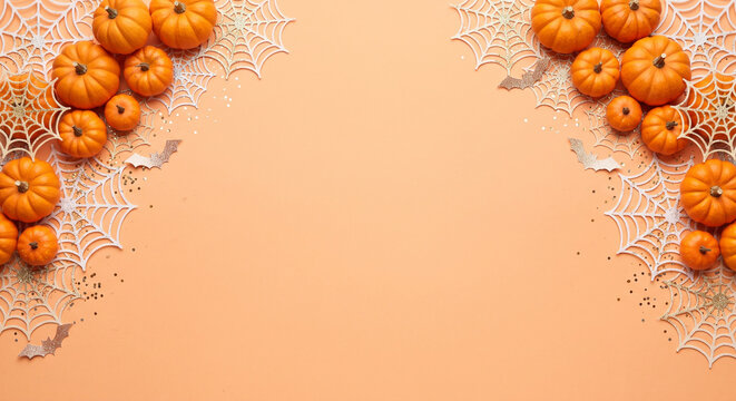 Halloween corner frames with orange pumpkins and glitter web designs on peach background.