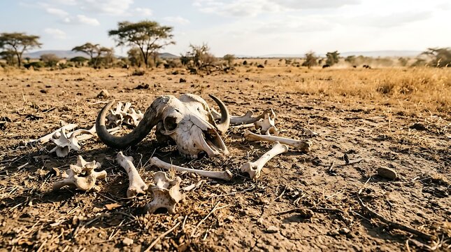 Buffalo skull and bones lie bleached in arid African savanna landscape