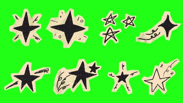 Animated hand drawn star doodles on torn paper cutouts unfolding on green screen, scrapbooking elements, social media overlays, and video visual effects.
