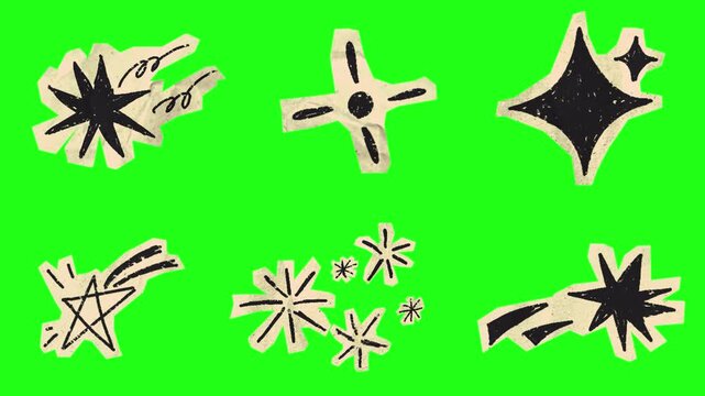 Animated hand drawn star doodles on torn paper cutouts unfolding on green screen, scrapbooking elements, social media overlays, and video visual effects.