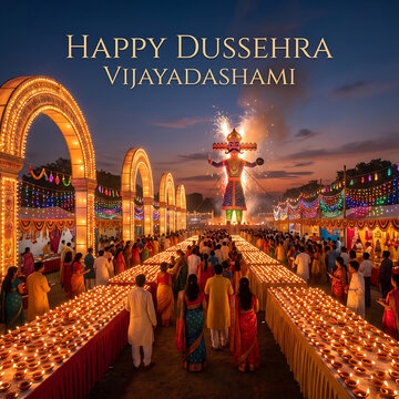 Happy Dussehra Vijayadashami celebration with Ravana effigy and lamps