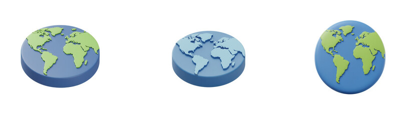 Fototapeta premium Set of three 3d isometric world globe icons isolated on transparent background