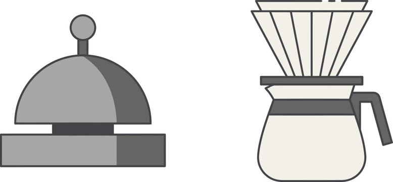 Minimalist flat vector illustration of a gray service call bell and a pour-over coffee carafe with a cone dripper, isolated on a white background for hospitality and cafe themes.