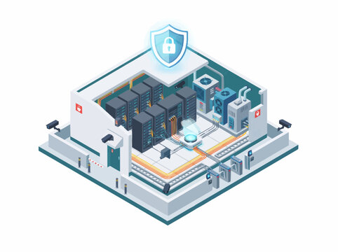Secure data center interior reveals rows of active server racks protected by a large shield icon above.